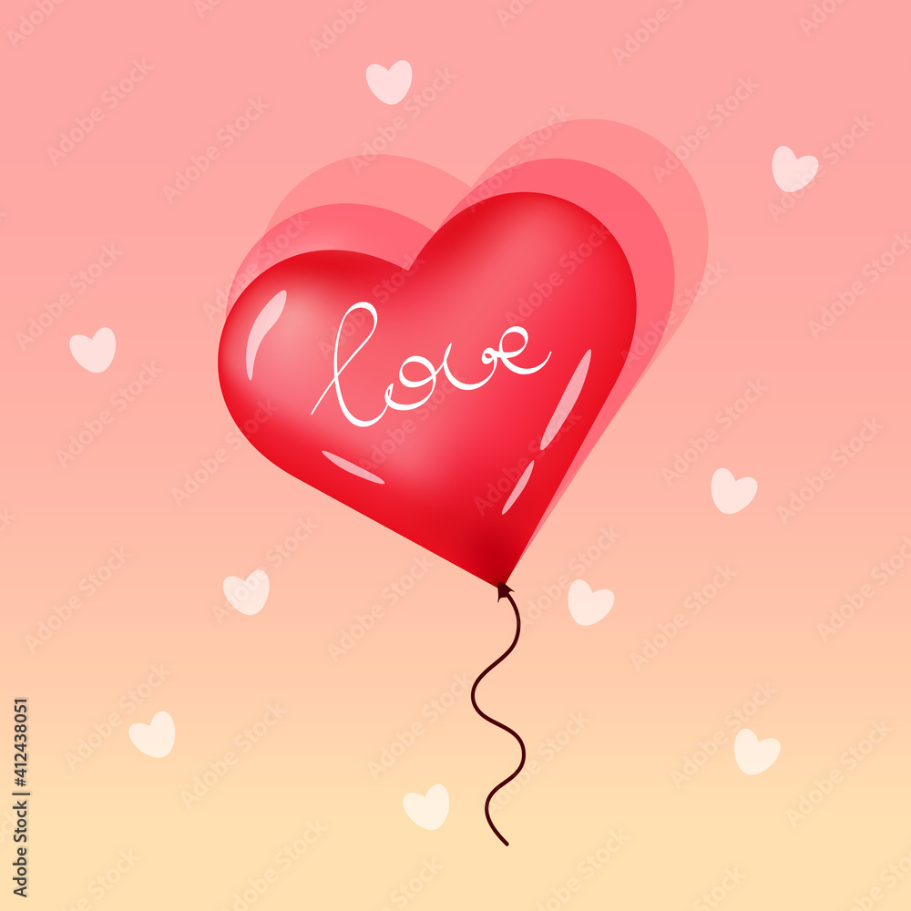 Romantic valentine greeting postcard with red heart shaped balloon. Love in air.