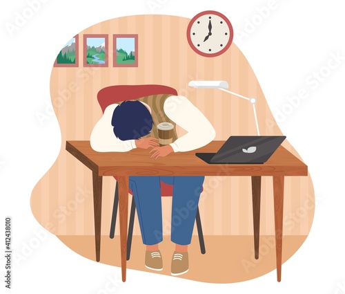 Young man sleeping while sitting at desk in office, flat vector illustration. Sleepy employee cartoon character, tired office worker.