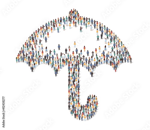 Large group of people standing together in the shape of umbrella, flat vector illustration. People crowd gathering. Social insurance concept.