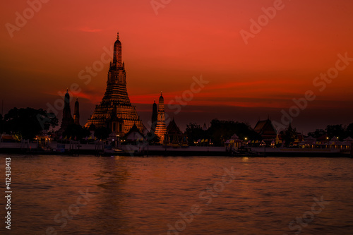 Wat Arun Temple at twilight in Bangkok, Thailand.