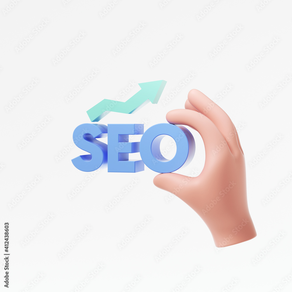 Cartoon hand hold SEO logo for Search Engine Optimization and internet marketing on white background 3d render illustration Cartoon hand hold SEO logo for Search Engine Optimization and internet marketing on white background 3d render illustration