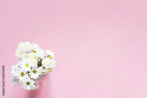 Bouquet of white chrysanthemums on a pink background. Floral background. © zyryanova
