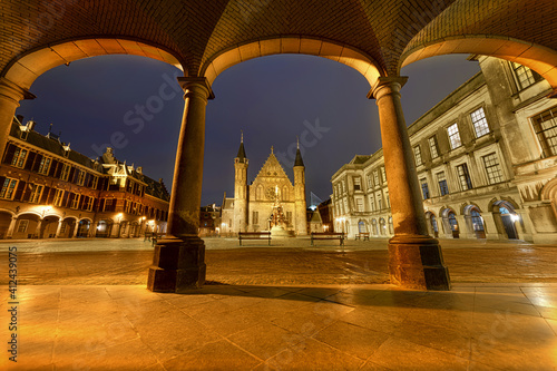 Knights hall, Ridderzaal in Dutch and Dutch parliament building at night in The Hague, Netherlands