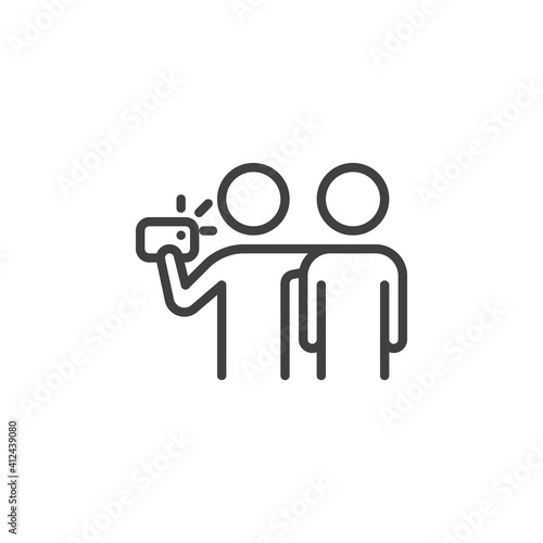 Two man taking selfie photo line icon. linear style sign for mobile concept and web design. Friends making selfie outline vector icon. Symbol, logo illustration. Vector graphics