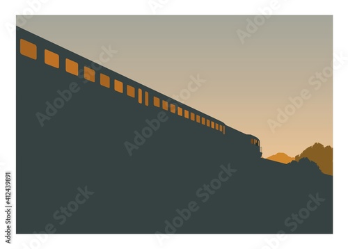 silhouette of passenger train in perspective view with mountain and sky background