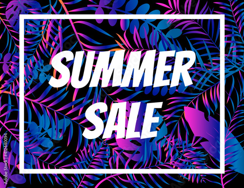 Summer sale poster, night tropic background with palm leaves