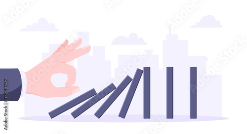 Domino effect business concept. Hand starts chain reaction of falling board game blocks of dominoes flat style vector illustration. Business bankruptcy or crisis, risk and finding solution metaphor.