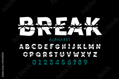 Broken style font, alphabet letters and numbers