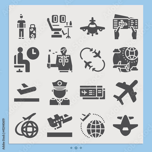 Simple set of airline business related filled icons.