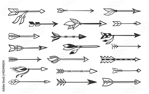 Hand made arrows for bow set. Contour black weapons indian tribes tribal natives ritual and combat arrows with tied amulets shamanic talismans with magnificent plumage sharp tip. Vector sketch.