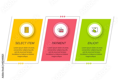 Concept of shopping process with 3 successive steps. Three colorful graphic elements. Timeline design for brochure, presentation, web site. Infographic design layout.