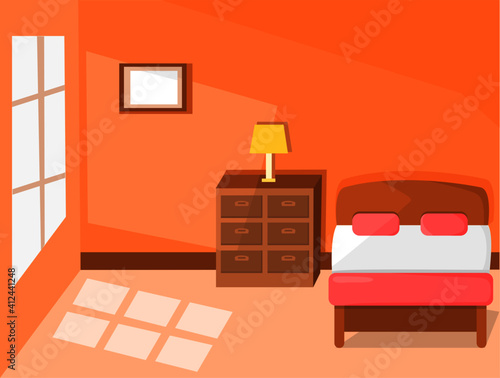 Vector cartoon illustration of a daytime bedroom interior with sunlit windows