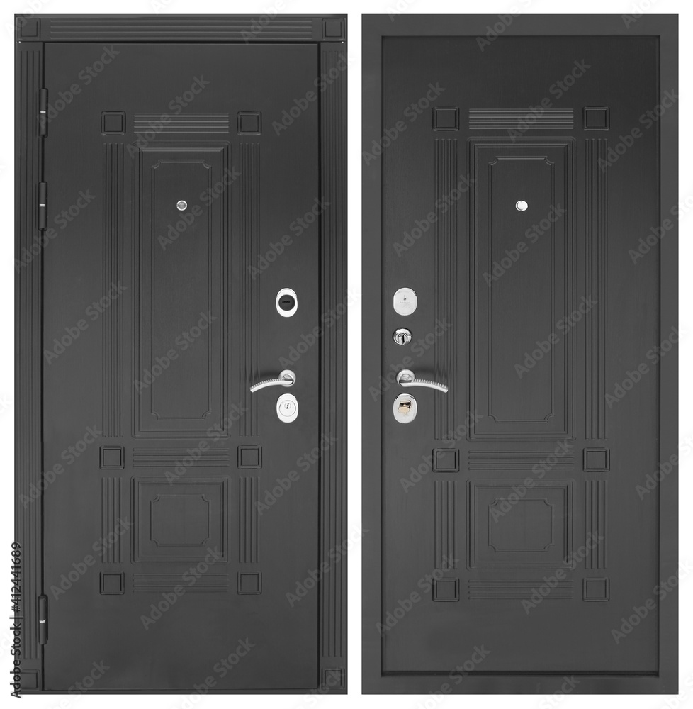 Fototapeta premium Model of entrance metal door isolated on white background: outside and inside