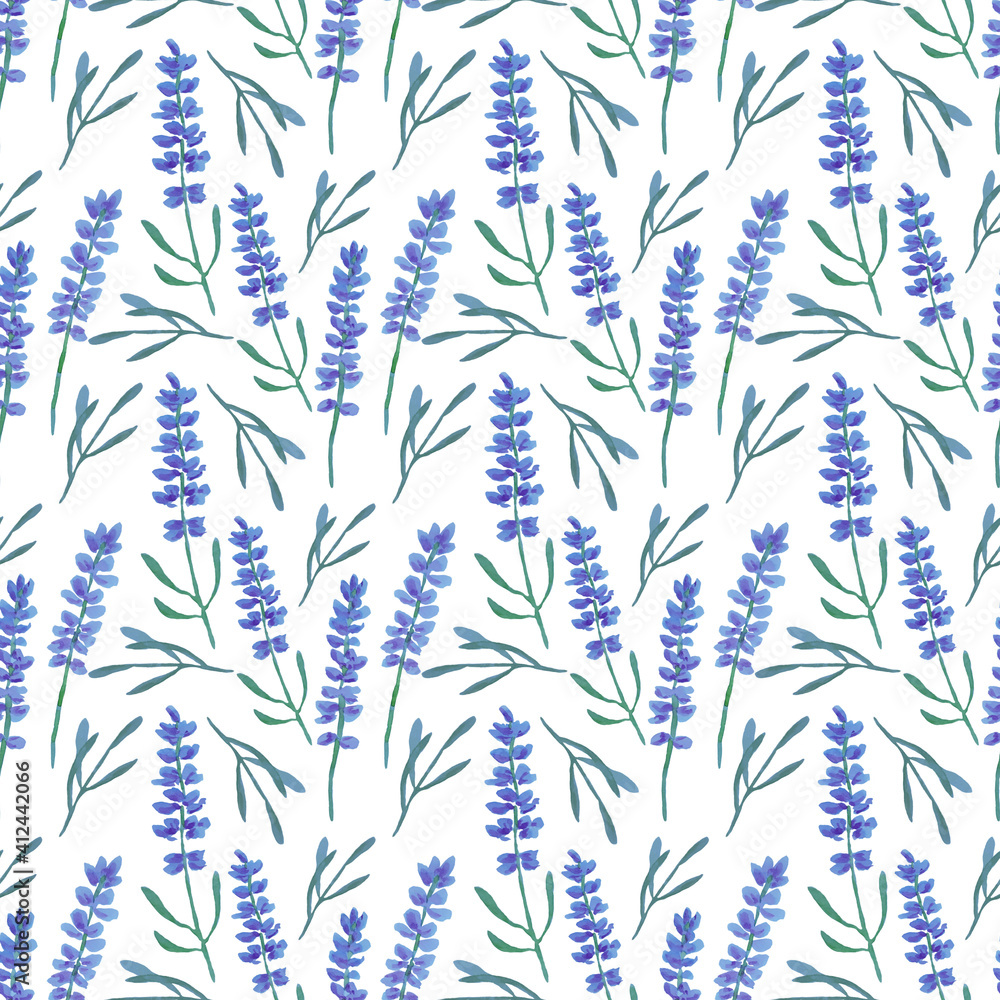 Seamless floral pattern with lavender on a white background. The illustration was done in watercolor. 