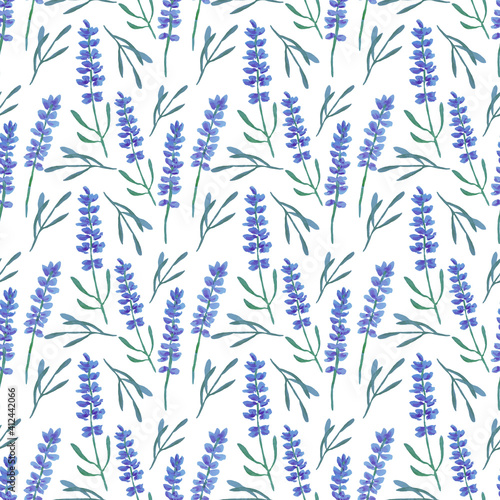 Seamless floral pattern with lavender on a white background. The illustration was done in watercolor. 