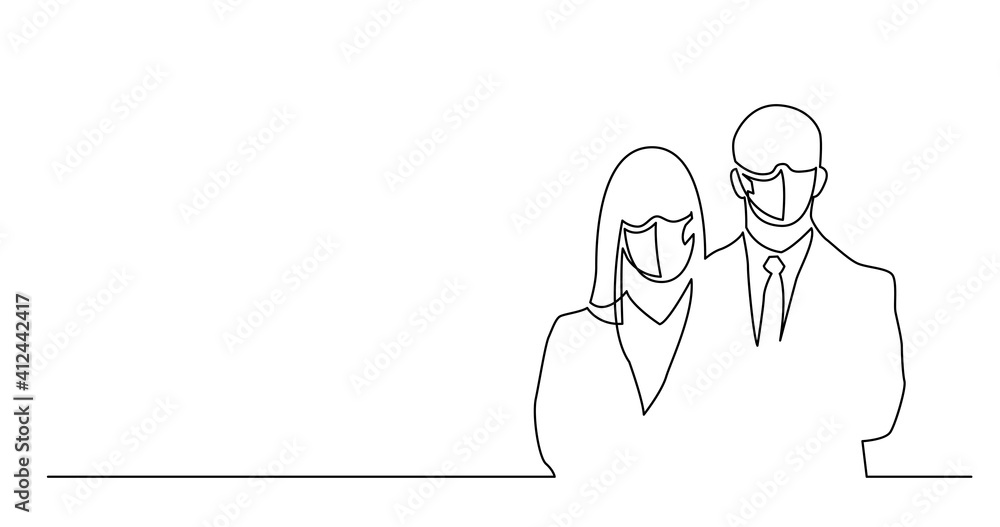 continuous line drawing of couple of business people wearing face masks continuous line drawing of couple of business people wearing face masks