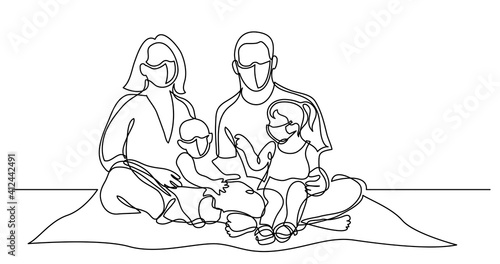 continuous line drawing of family of four sitting on picnic blanket in park wearing face masks