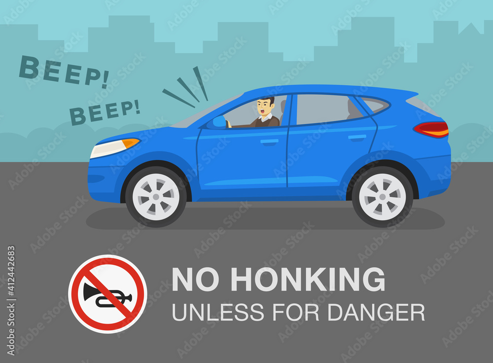 Aggressive and angry suv car driver is honking horn for no reason. Side view of a city street. No honking unless for danger warning design. Flat vector illustration template.