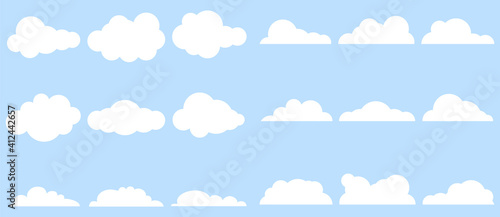 Clouds, large set of clouds isolated on a light blue background. Vector, cartoon illustration. Vector. photo