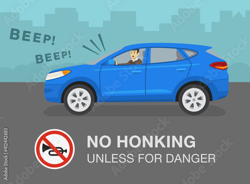 Fototapeta Naklejka Na Ścianę i Meble -  Aggressive and angry suv car driver is honking horn for no reason. Side view of a city street. No honking unless for danger warning design. Flat vector illustration template.
