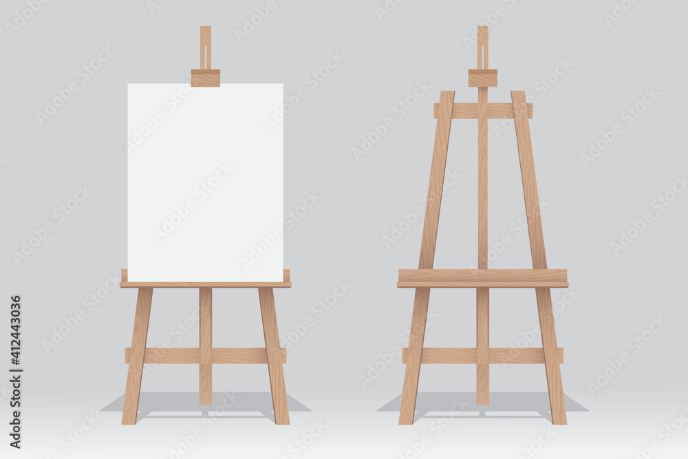Wooden easel stand with blank canvas on white background Stock Vector