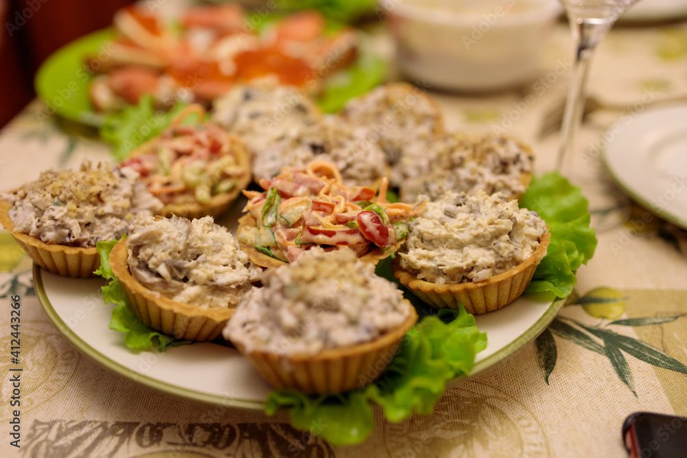 salads before the holiday in tartlets close-up