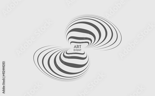 Abstract black and white striped figure. 3d geometric design. Optical art. Vector illustration with distortion effect.
