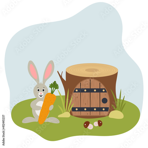 Rabbit with a carrot standing near burrow in a tree stump. Vector illustration for design.