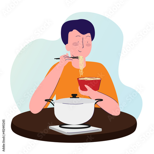 men eat noodles use chopstick on table with cartoon flat style