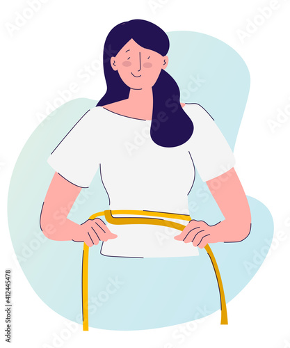 diet concept women measuring waist use measure tape with cartoon flat style