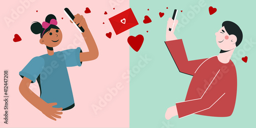 a young woman and a man communicate online. Illustration on the theme of virtual dating, dating and Valentine's Day
