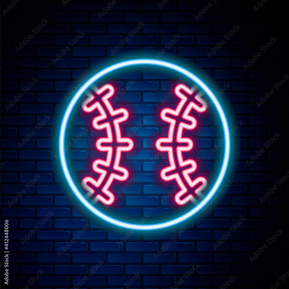 Glowing neon line Baseball ball icon isolated on brick wall background. Colorful outline concept. Vector. Glowing neon line Baseball ball icon isolated on brick wall background. Colorful outline concept. Vector.