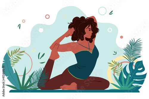 African American woman in asana yoga position outdoors. Female in harmony with herself, mental and body health. Vector flat illustration
