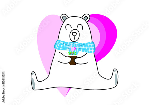 White bear holding a flower pot with hearts on a white background. Valentime Concept.
