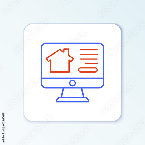 Line Online real estate house on monitor icon isolated on white background. Home loan concept, rent, buy, buying a property. Colorful outline concept. Vector. © vector_v