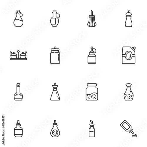 Condiment and spices line icons set, outline vector symbol collection, linear style pictogram pack. Signs, logo illustration. Set includes icons as olive oil bottle, sugar shaker, ketchup, mustard