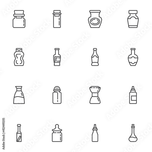 Condiment bottles line icons set, outline vector symbol collection, linear style pictogram pack. Signs, logo illustration. Set includes icons as condiment and spices jar, ketchup bottle, mayo, mustard