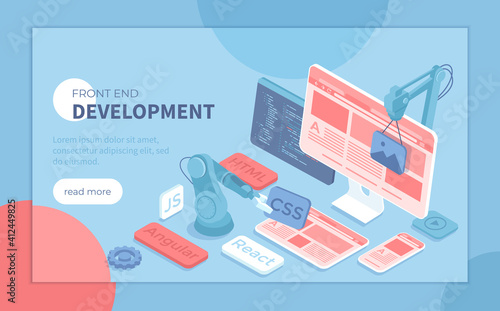 Frontend Development, Creating a site layout, template. Converting data into a graphical UI UX interface. Web development, design, graphic, usability. Isometric vector illustration for banner, website