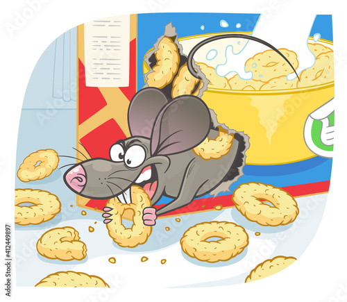 Pest mouse gnawed a box of morning snack vector illustration. Cartoon pest mouse series. 
