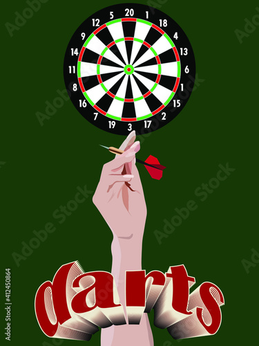 dart board with a hand holding a dart and a volumetric darts inscription