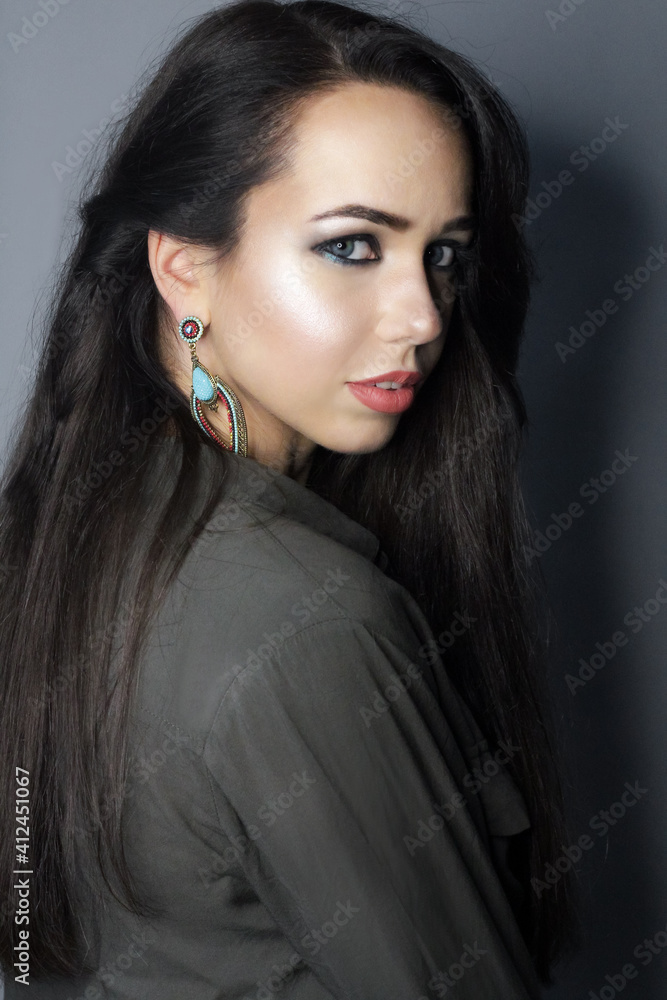 Beautiful young model, longhair girl with bright make-up, red lips