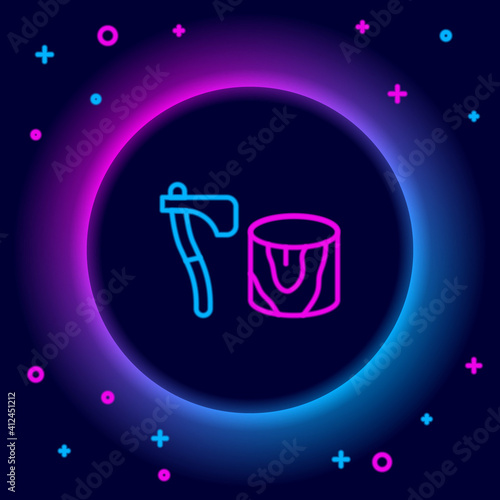 Glowing neon line Wooden axe in stump icon isolated on black background. Lumberjack axe. Axe stuck in wood. Chopping wood. Colorful outline concept. Vector.