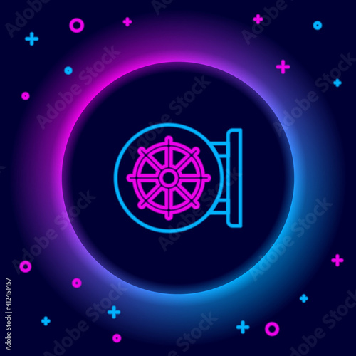 Glowing neon line Dharma wheel icon isolated on black background. Buddhism religion sign. Dharmachakra symbol. Colorful outline concept. Vector.