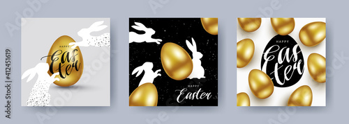 Happy Easter! Set of Easter greeting cards, holiday covers, posters, flyers design with 3d realistic golden eggs, bunny and calligraphy. Trendy modern design for social media, sale, advertisement, web