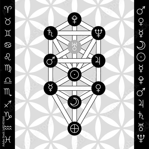 Tree of life with astrological symbols of planets on background of flower of life