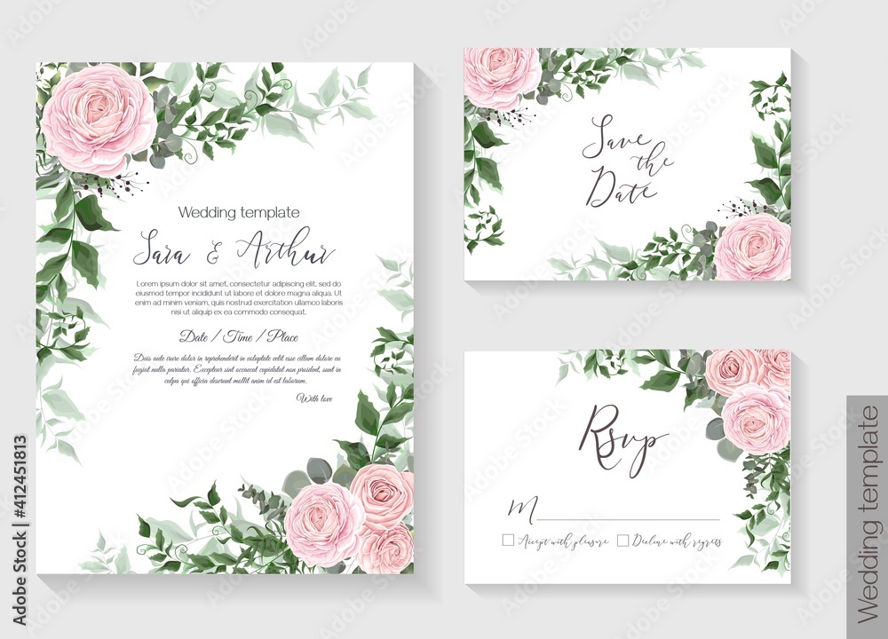 Floral design for wedding invitation. Pink roses, green plants, eucalyptus.