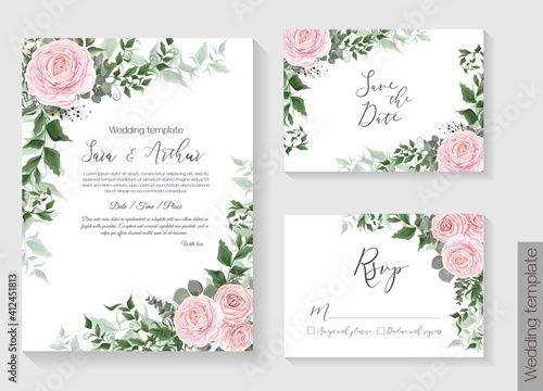 Floral design for wedding invitation. Pink roses, green plants, eucalyptus.
