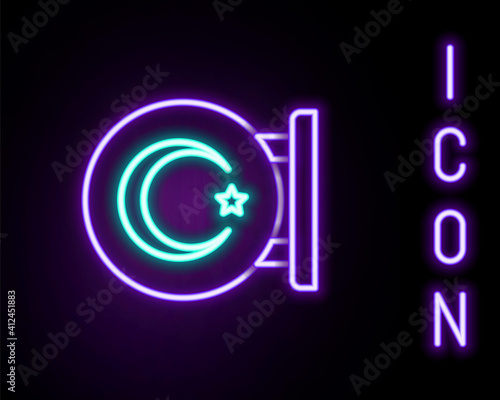 Glowing neon line Star and crescent - symbol of Islam icon isolated on black background. Religion symbol. Colorful outline concept. Vector.