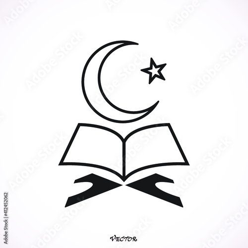 The holy book of the Quran on the stand with moon and star. Vector illustration. Islam symbol. Moon and star icon isolated on white background.