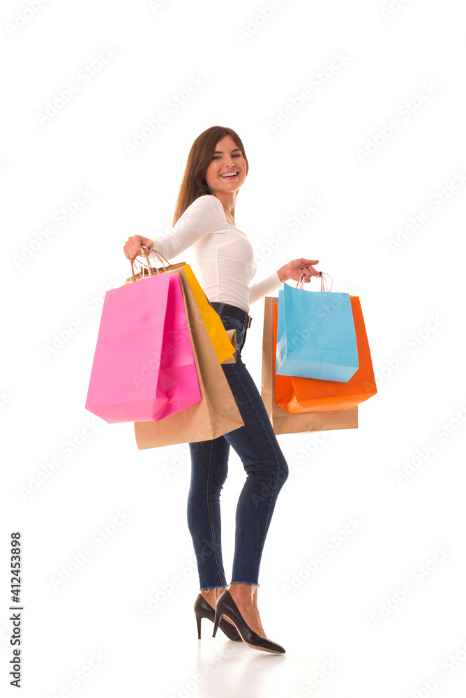 Young brunette with shopping after shopping.